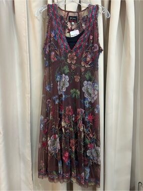 Johnny Was Brown Floral Embroidered Midi Dress with Multicolor Accents